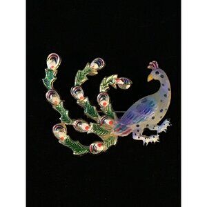 Vintage Plastic Multi Color Peacock Brooch Signed Korea (1337)